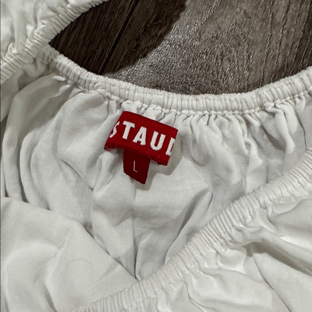 This is a STAUD Faye cropped shirred stretch-cotton top in white L - Picture 4 of 5